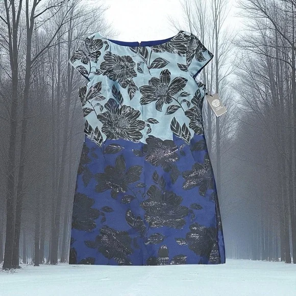 Vince Camuto NWT Blue/Black Floral cocktail Dress Sz14 appropriate for all event - Picture 6 of 11